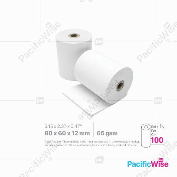 Thermal Paper Rolls/Gulungan Kertas Termal/Paper Rolls/TH 80 x 60 x 12 (100Rolls/Ctn)