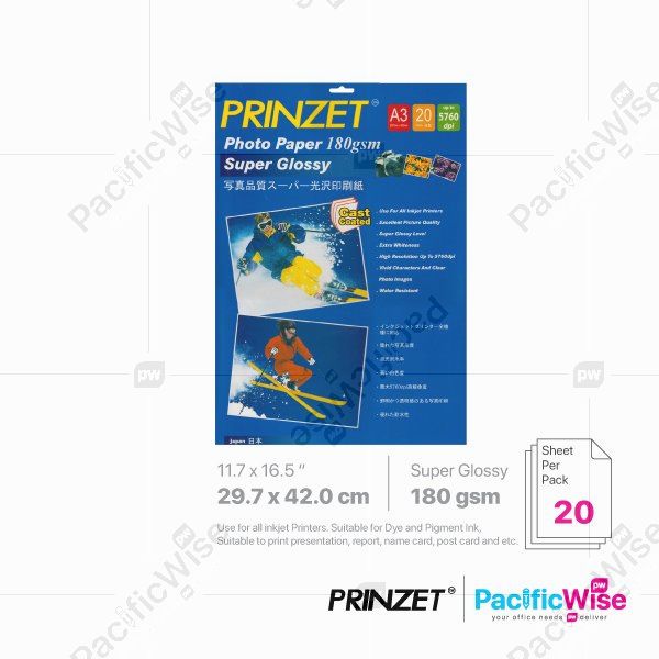 Prinzet/A3/Photo Paper Super Glossy/Kertas Foto Super Berkilat 180gsm/Photograph (20'S)