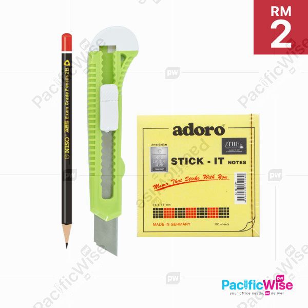 Cutter Knife + Stick Note + 2B Pencil{RM2-Package 2}/Adoro/Niso/Utility Knife/Stationery Blade/Big/Removable Stick-it Note 7575/Pensil 2B/Writing Pen/ABS Exam Grade/2B122